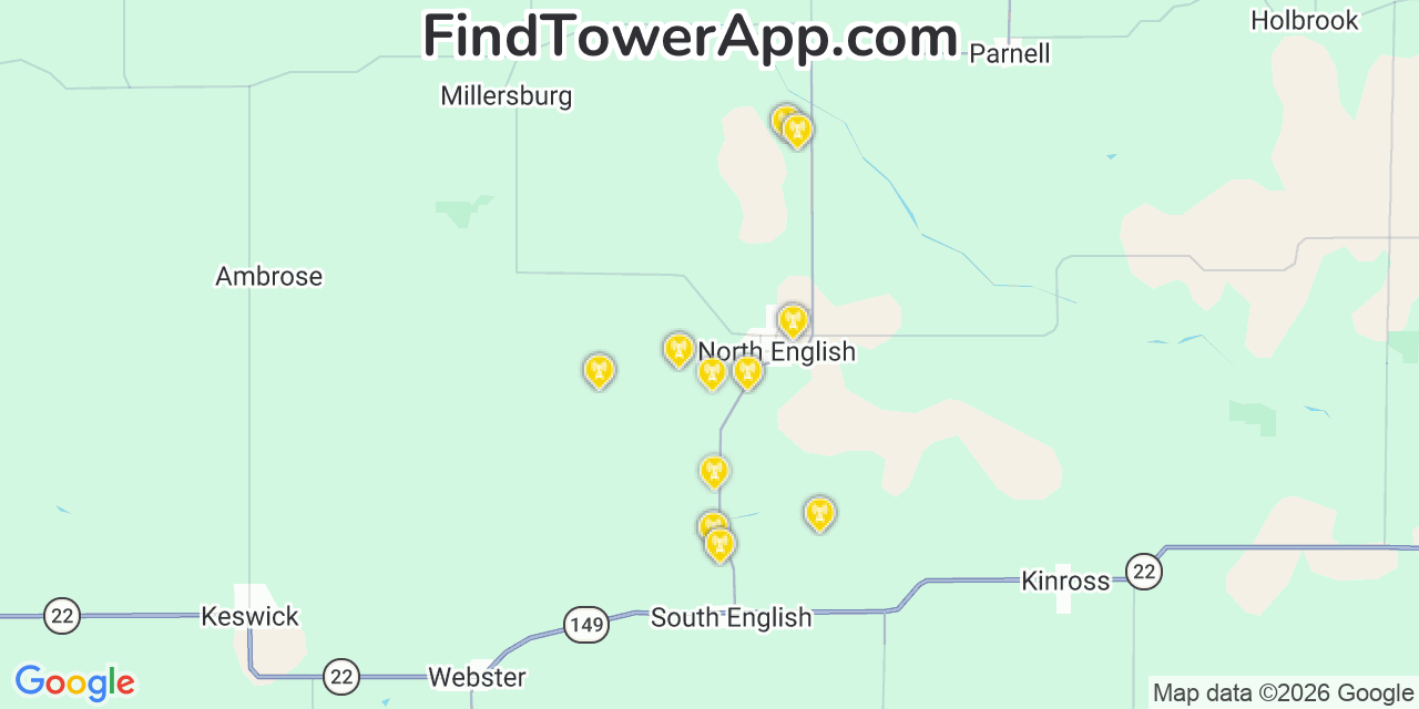 Map showing the 20 primary cell tower locations detected in North English, Iowa from AT&T, Verizon, and T-Mobile networks