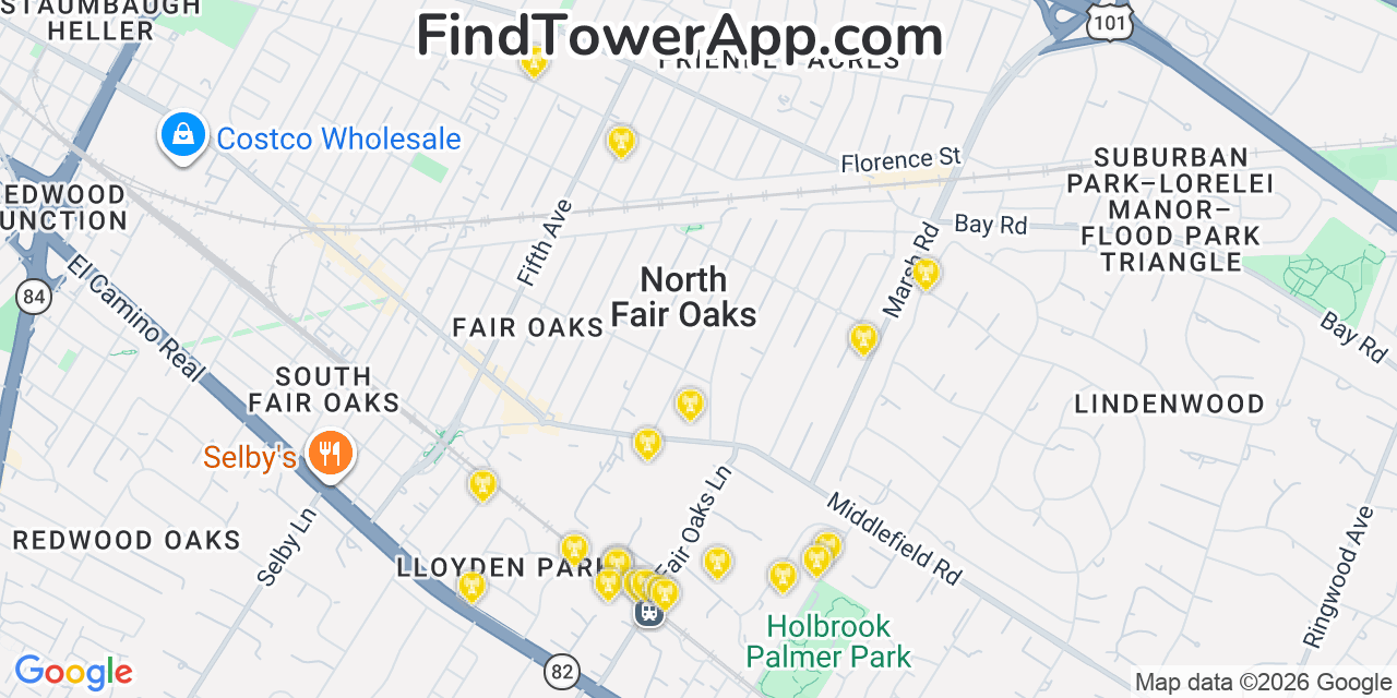 Map showing the 20 primary cell tower locations detected in North Fair Oaks, California from AT&T, Verizon, and T-Mobile networks
