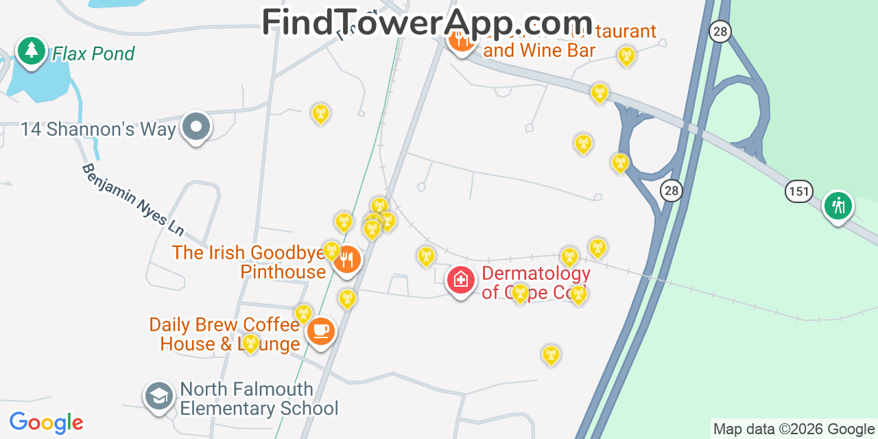 Map showing the 20 primary cell tower locations detected in North Falmouth, Massachusetts from AT&T, Verizon, and T-Mobile networks