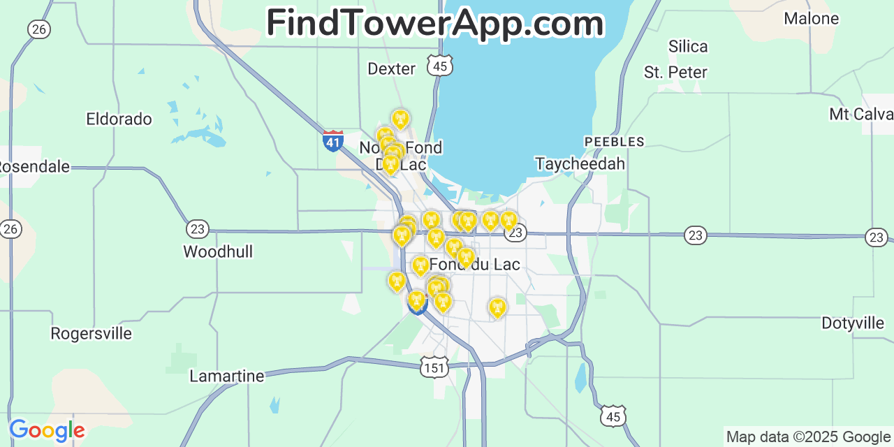 Map showing the 26 primary AT&T cell tower locations detected in North Fond Du Lac, Wisconsin with coverage radius and signal strength indicators