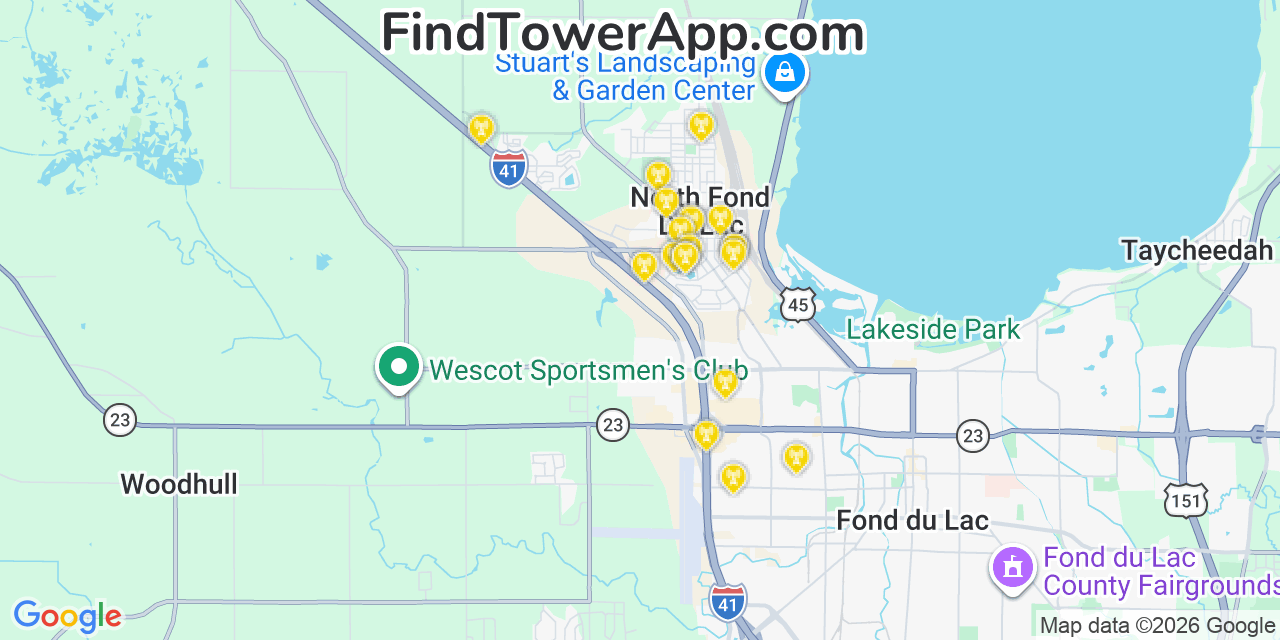 Map showing the 20 primary cell tower locations detected in North Fond Du Lac, Wisconsin from AT&T, Verizon, and T-Mobile networks