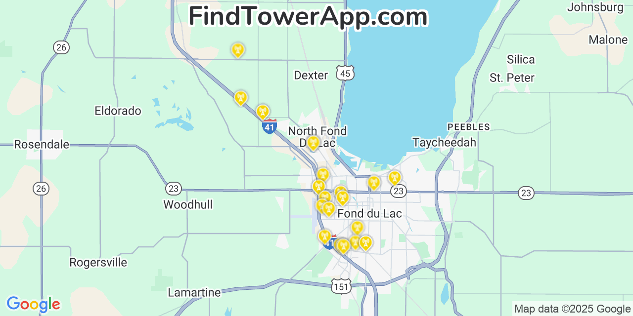 Map showing the 21 primary T-Mobile cell tower locations detected in North Fond Du Lac, Wisconsin with coverage radius and signal strength indicators