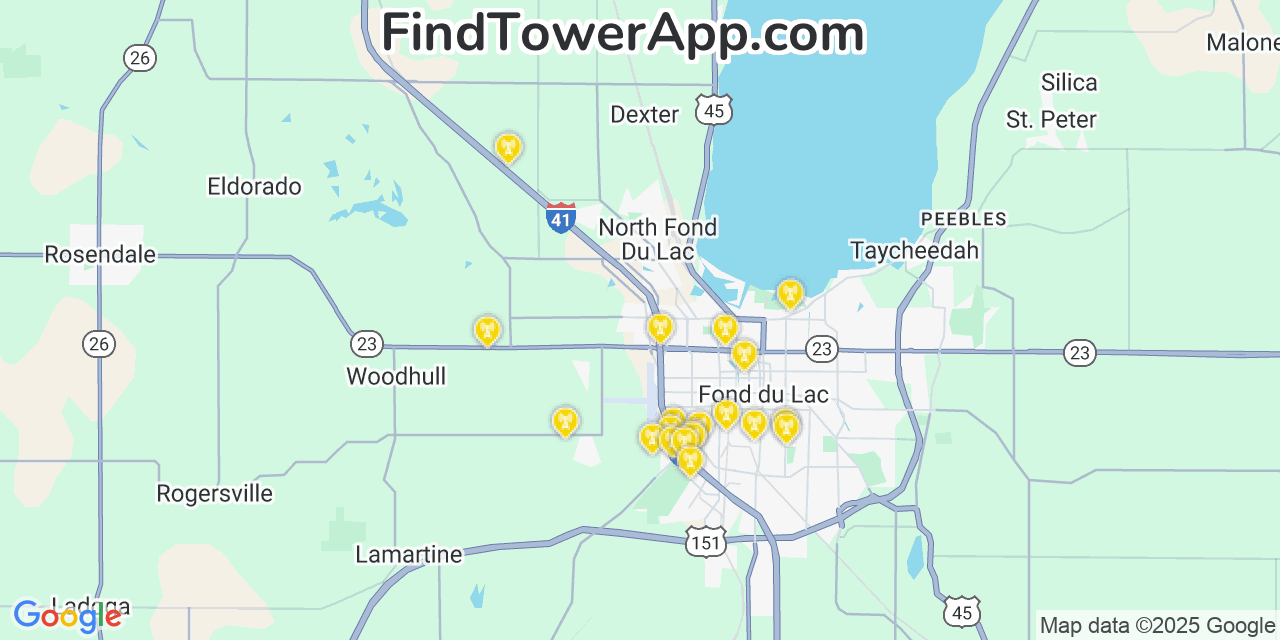 Map showing the 20 primary Verizon cell tower locations detected in North Fond Du Lac, Wisconsin with coverage radius and signal strength indicators