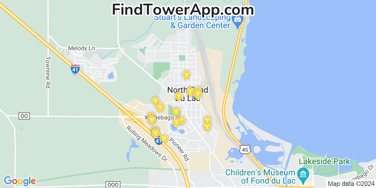 AT&T 4G/5G cell tower coverage map North Fond du Lac, Wisconsin