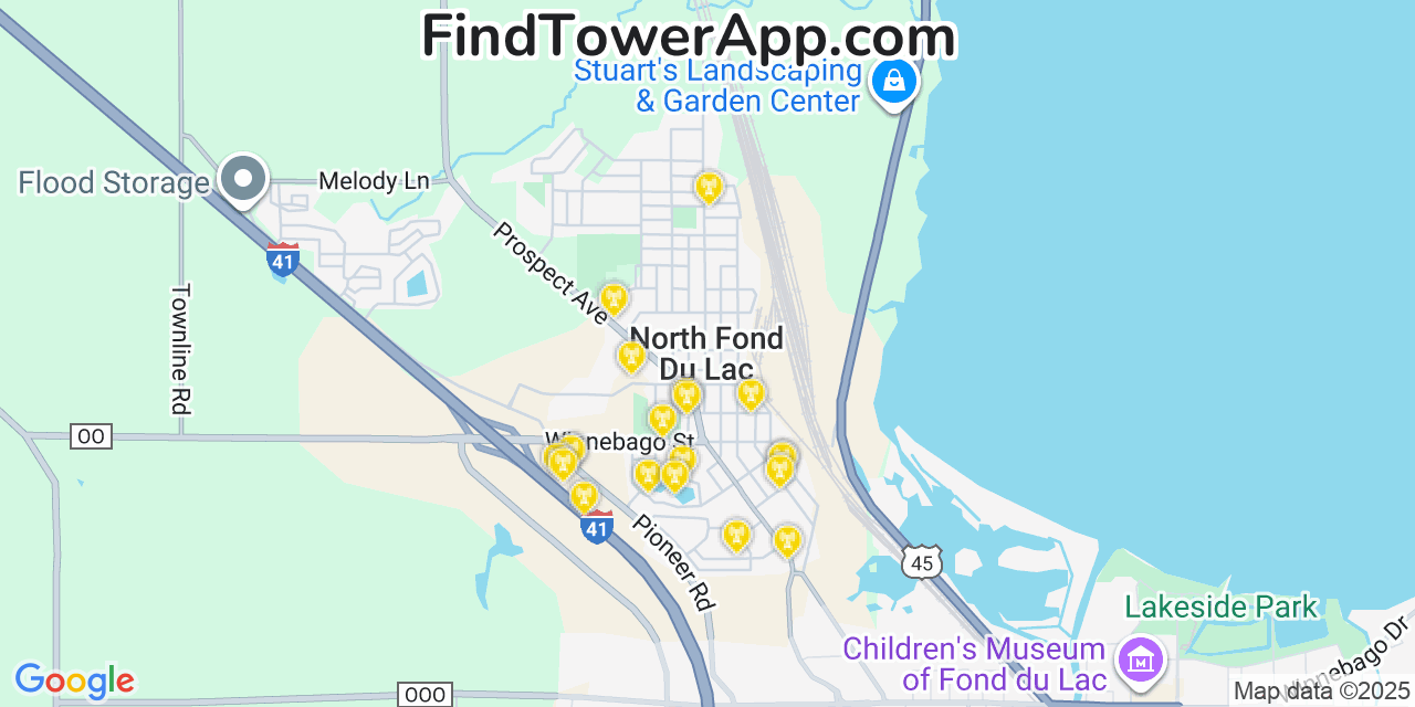 Map showing the 20 primary cell tower locations detected in North Fond du Lac, Wisconsin from AT&T, Verizon, and T-Mobile networks