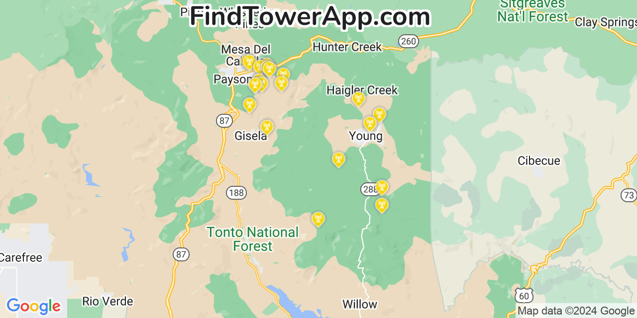 AT&T 4G/5G cell tower coverage map North Fork, Arizona