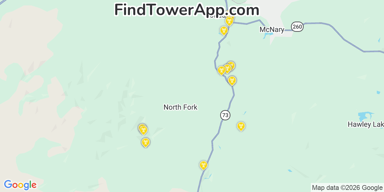 Map showing the 20 primary cell tower locations detected in North Fork, Arizona from AT&T, Verizon, and T-Mobile networks