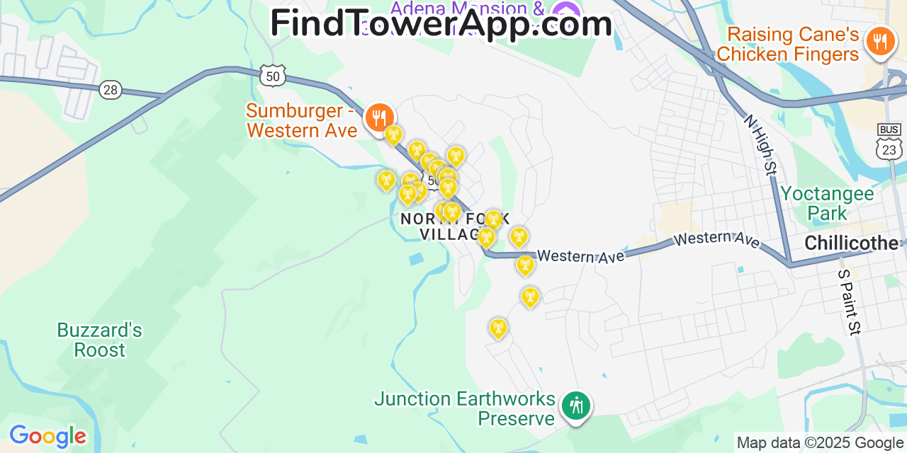 Map showing the 20 primary cell tower locations detected in North Fork Village, Ohio from AT&T, Verizon, and T-Mobile networks
