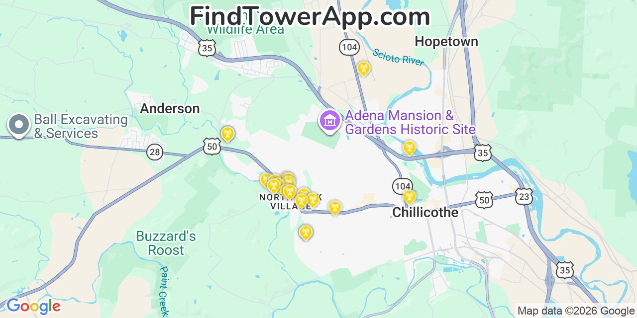 Map showing the 20 primary cell tower locations detected in North Fork Village, Ohio from AT&T, Verizon, and T-Mobile networks