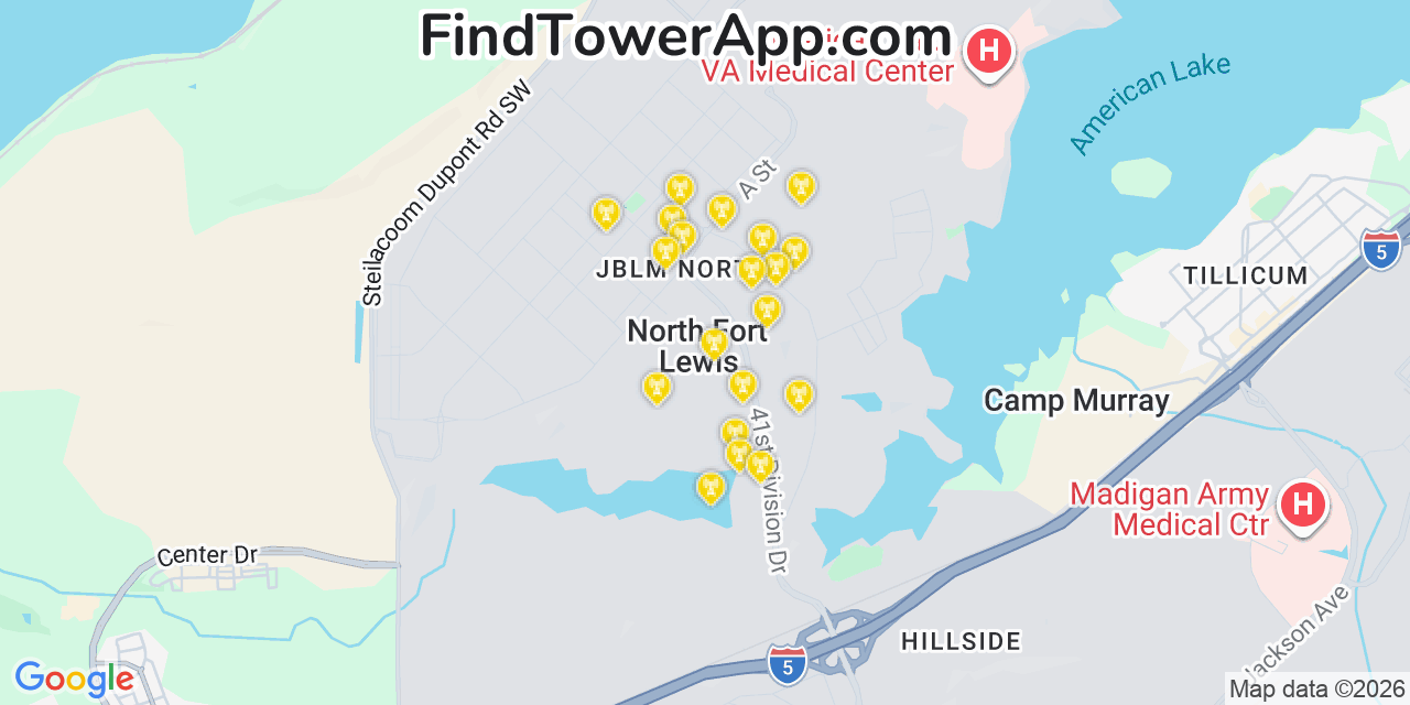Map showing the 20 primary cell tower locations detected in North Fort Lewis, Washington from AT&T, Verizon, and T-Mobile networks