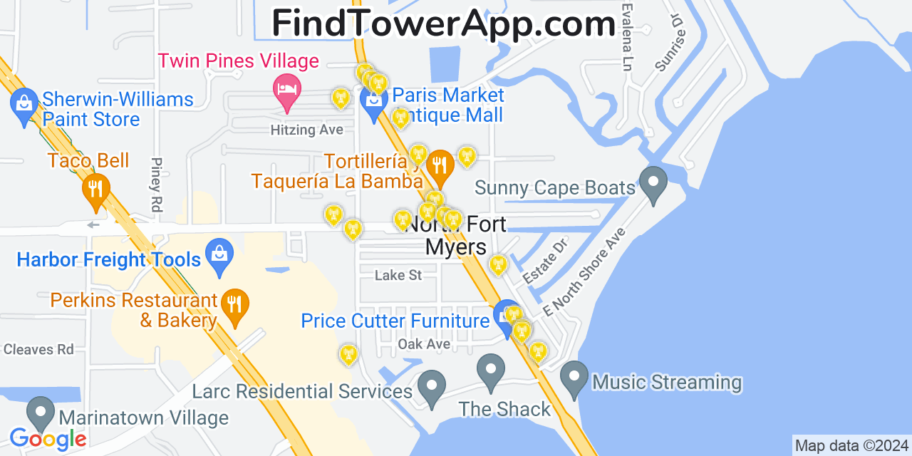 AT&T 4G/5G cell tower coverage map North Fort Myers, Florida