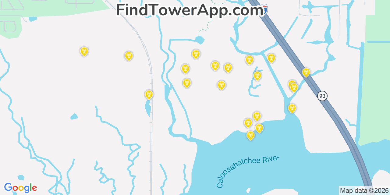 Map showing the 20 primary cell tower locations detected in North Fort Myers, Florida from AT&T, Verizon, and T-Mobile networks