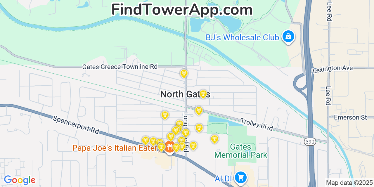 Map showing the 20 primary cell tower locations detected in North Gates, New York from AT&T, Verizon, and T-Mobile networks