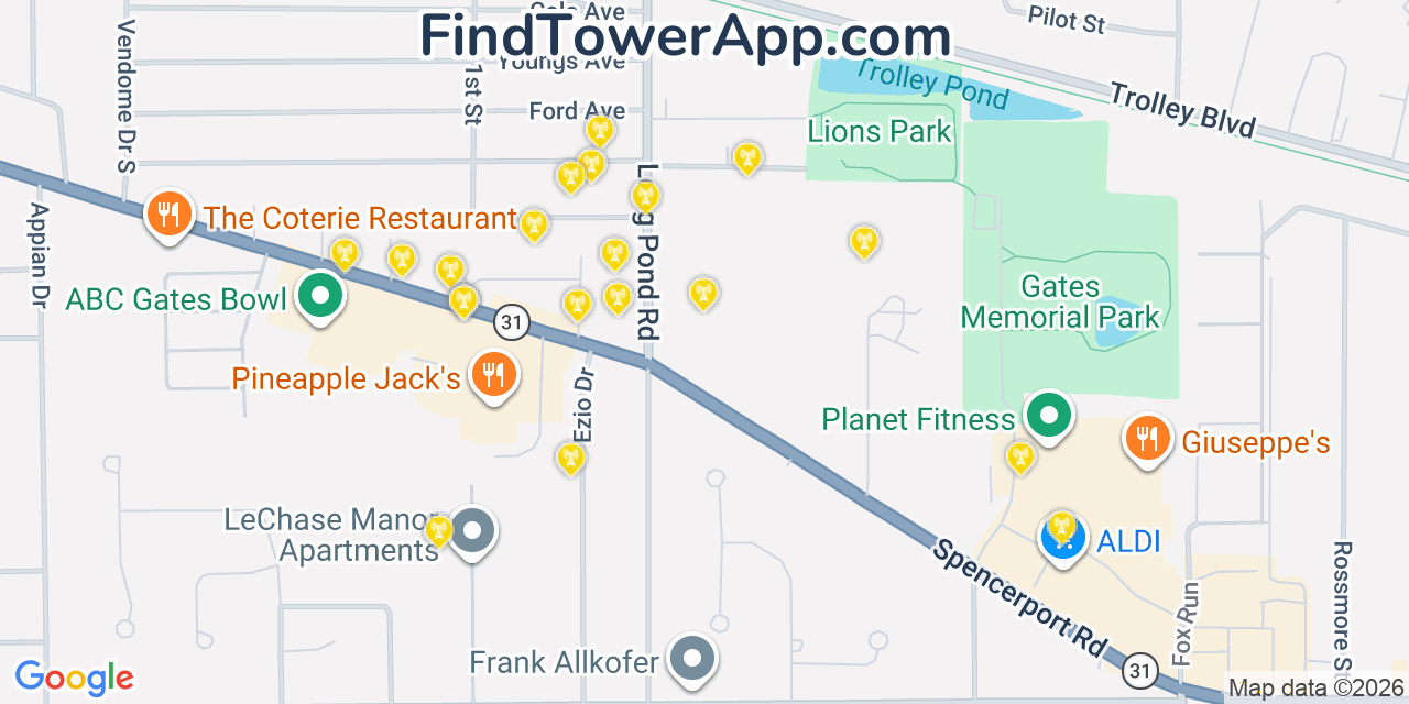 Map showing the 20 primary cell tower locations detected in North Gates, New York from AT&T, Verizon, and T-Mobile networks