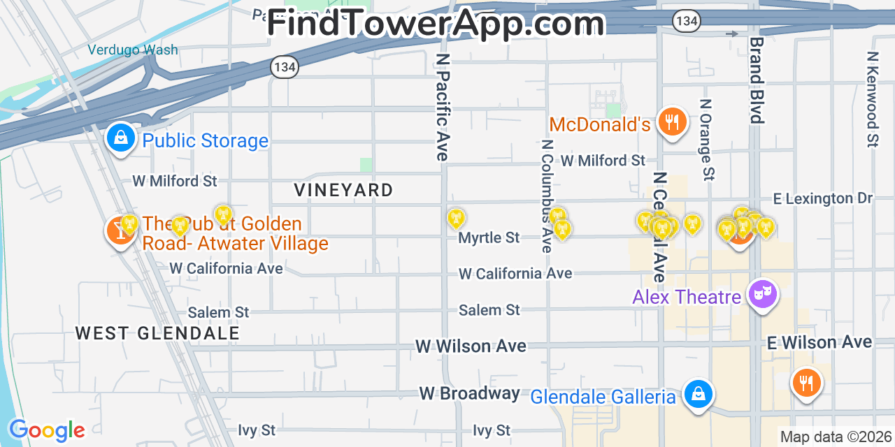 Map showing the 20 primary cell tower locations detected in North Glendale, California from AT&T, Verizon, and T-Mobile networks