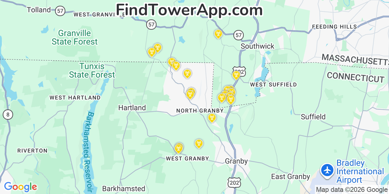 Map showing the 20 primary cell tower locations detected in North Granby, Connecticut from AT&T, Verizon, and T-Mobile networks