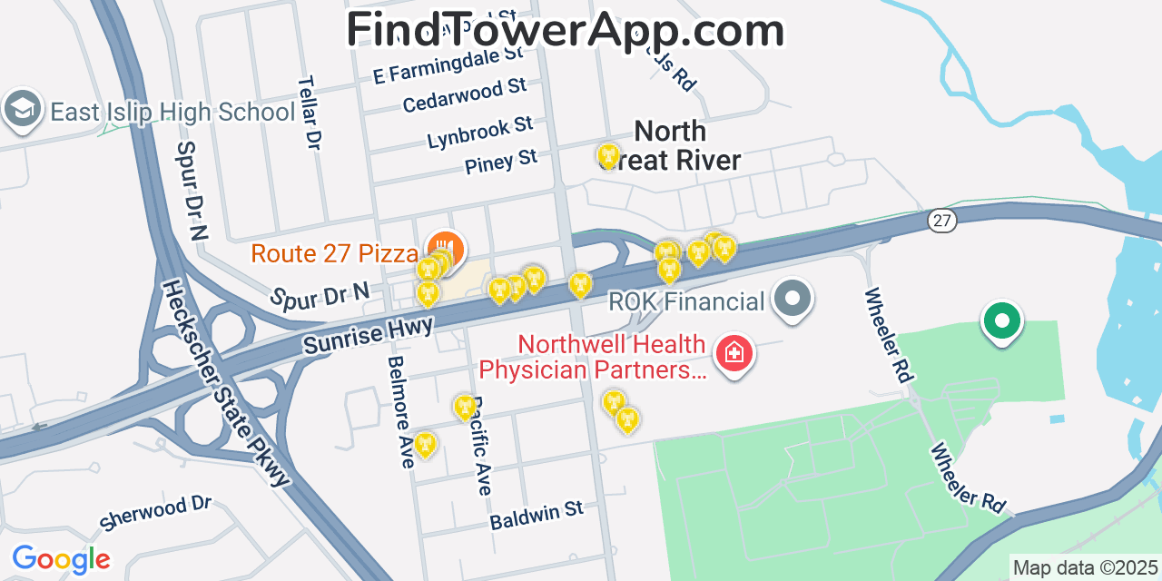 Map showing the 20 primary cell tower locations detected in North Great River, New York from AT&T, Verizon, and T-Mobile networks