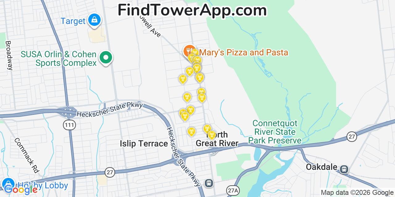 Map showing the 20 primary cell tower locations detected in North Great River, New York from AT&T, Verizon, and T-Mobile networks