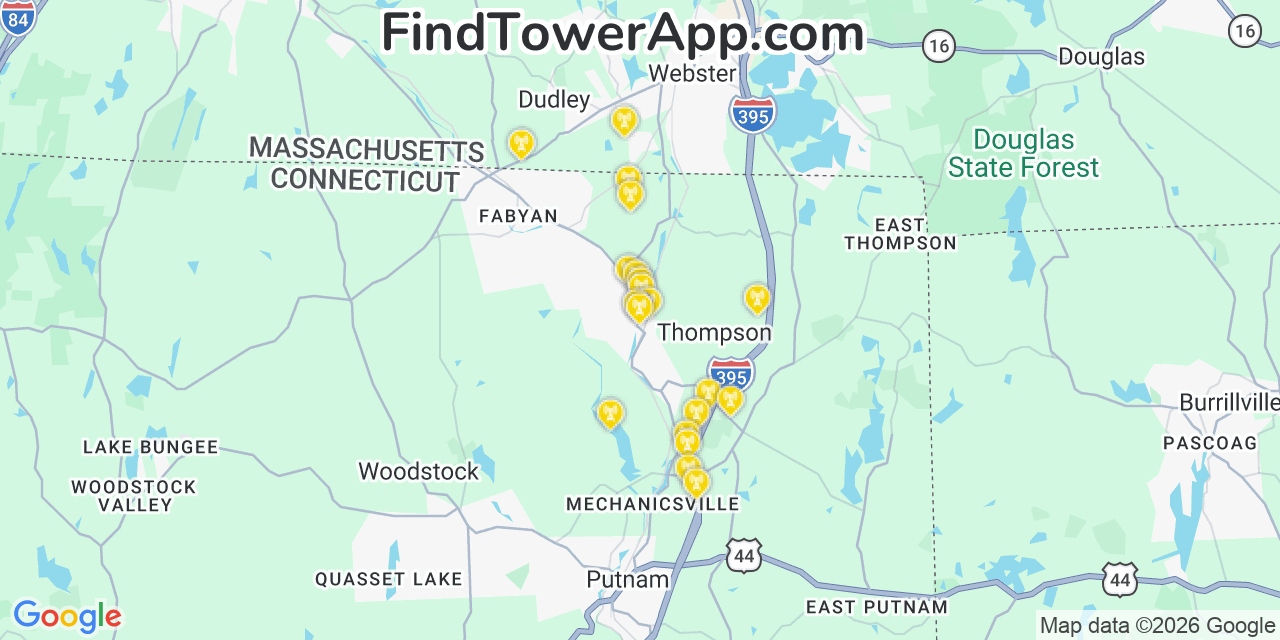 Map showing the 20 primary cell tower locations detected in North Grosvenor Dale, Connecticut from AT&T, Verizon, and T-Mobile networks