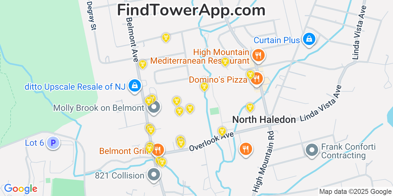 Map showing the 20 primary cell tower locations detected in North Haledon, New Jersey from AT&T, Verizon, and T-Mobile networks