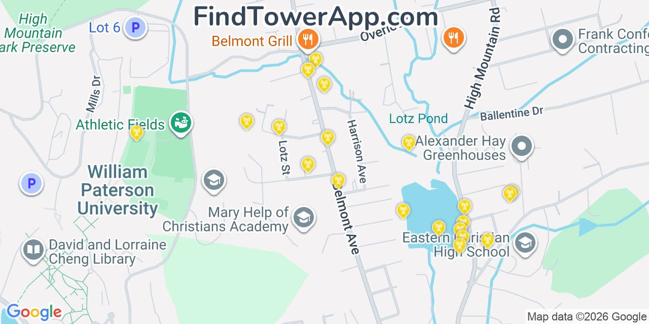 Map showing the 20 primary cell tower locations detected in North Haledon, New Jersey from AT&T, Verizon, and T-Mobile networks