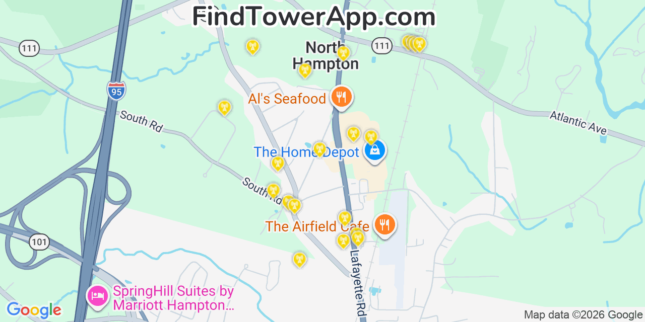 Map showing the 20 primary cell tower locations detected in North Hampton, New Hampshire from AT&T, Verizon, and T-Mobile networks