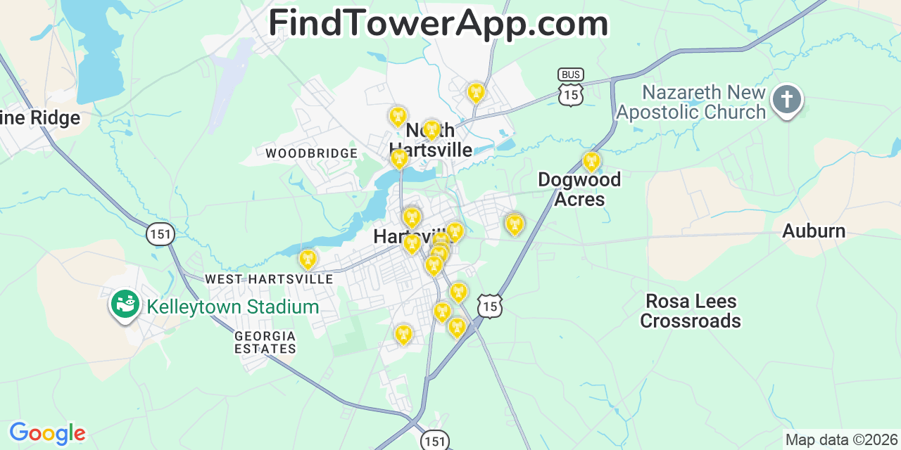Map showing the 20 primary cell tower locations detected in North Hartsville, South Carolina from AT&T, Verizon, and T-Mobile networks