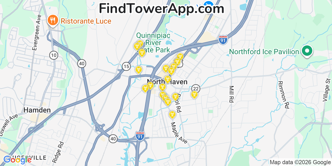 Map showing the 20 primary cell tower locations detected in North Haven, Connecticut from AT&T, Verizon, and T-Mobile networks