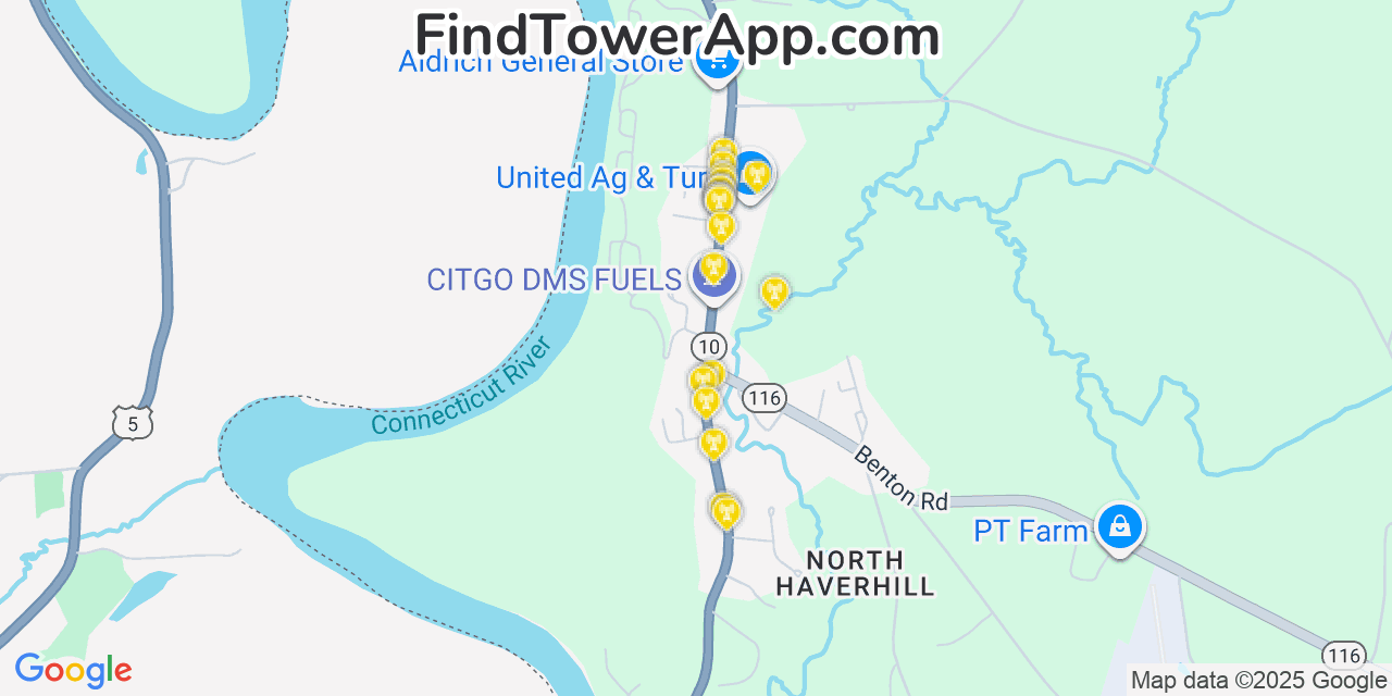 Map showing the 20 primary cell tower locations detected in North Haverhill, New Hampshire from AT&T, Verizon, and T-Mobile networks