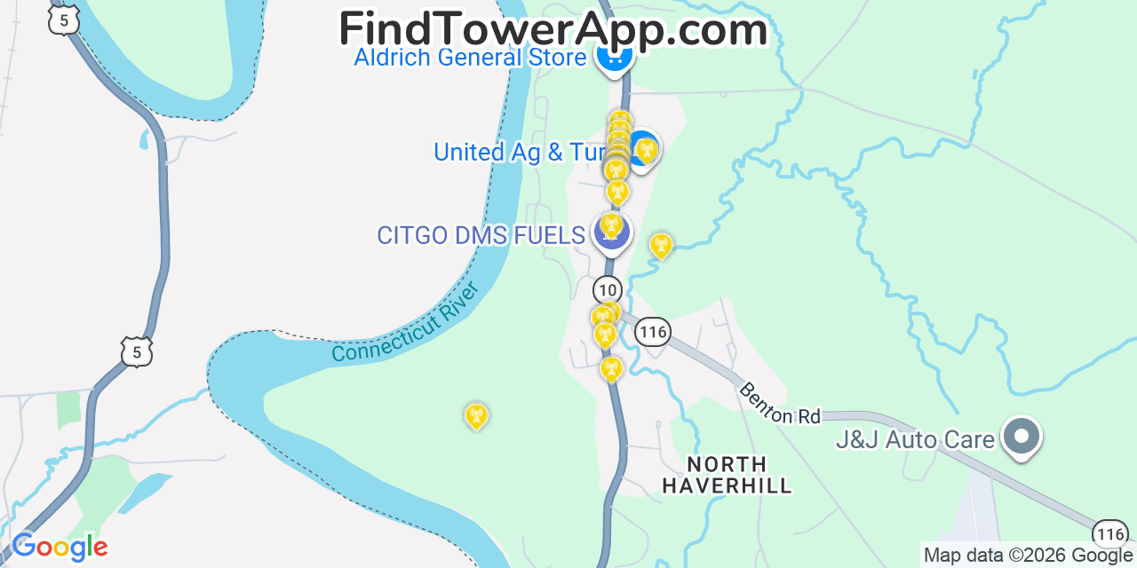 Map showing the 20 primary cell tower locations detected in North Haverhill, New Hampshire from AT&T, Verizon, and T-Mobile networks