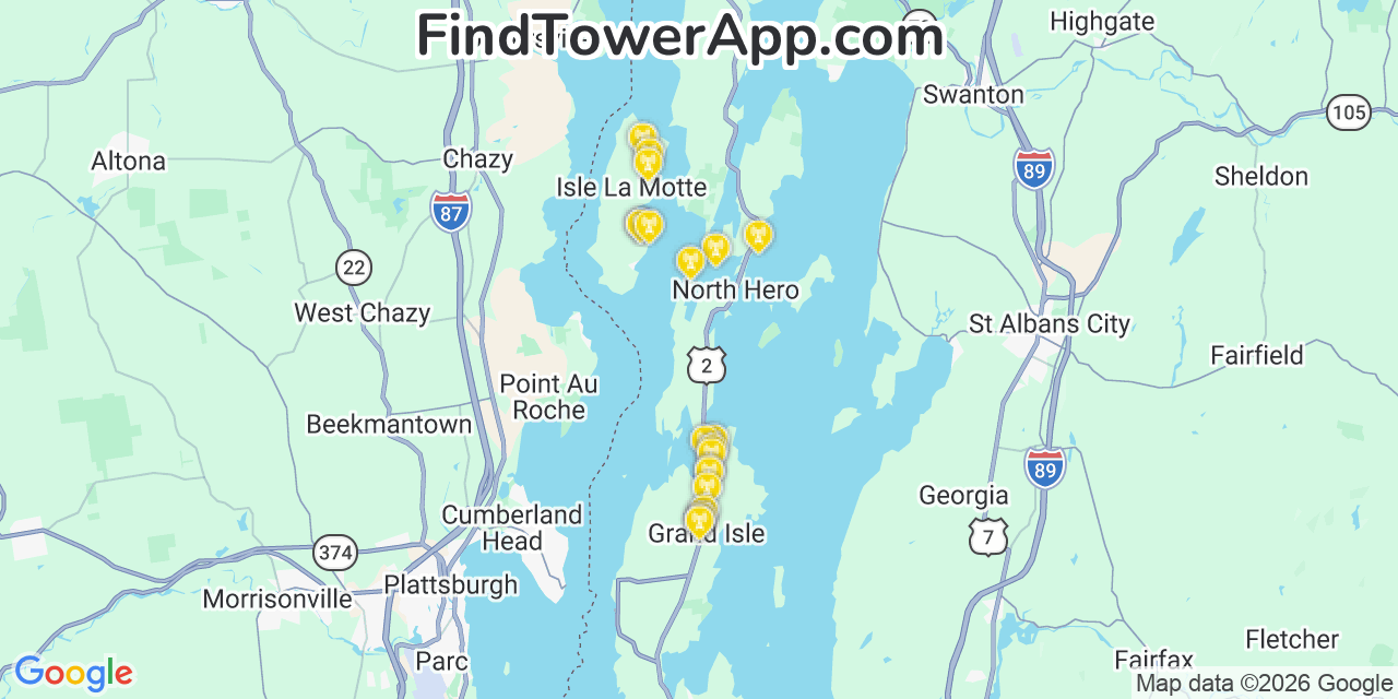 Map showing the 20 primary cell tower locations detected in North Hero, Vermont from AT&T, Verizon, and T-Mobile networks