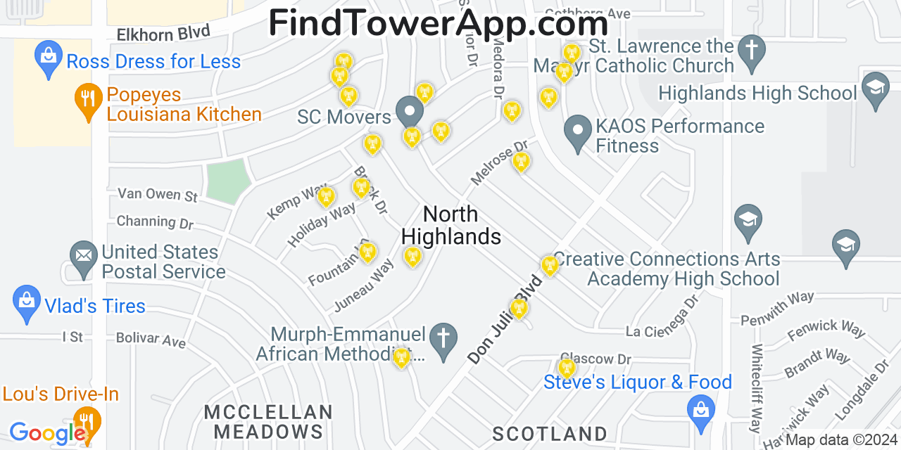 AT&T 4G/5G cell tower coverage map North Highlands, California