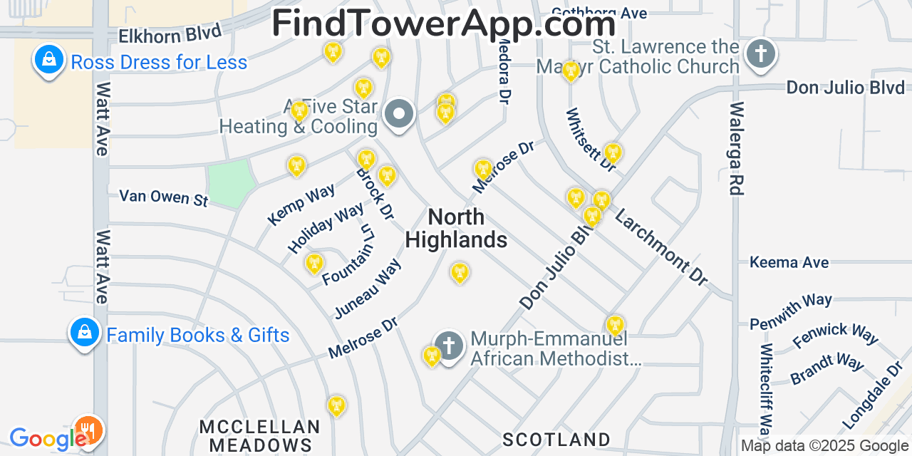Map showing the 20 primary cell tower locations detected in North Highlands, California from AT&T, Verizon, and T-Mobile networks