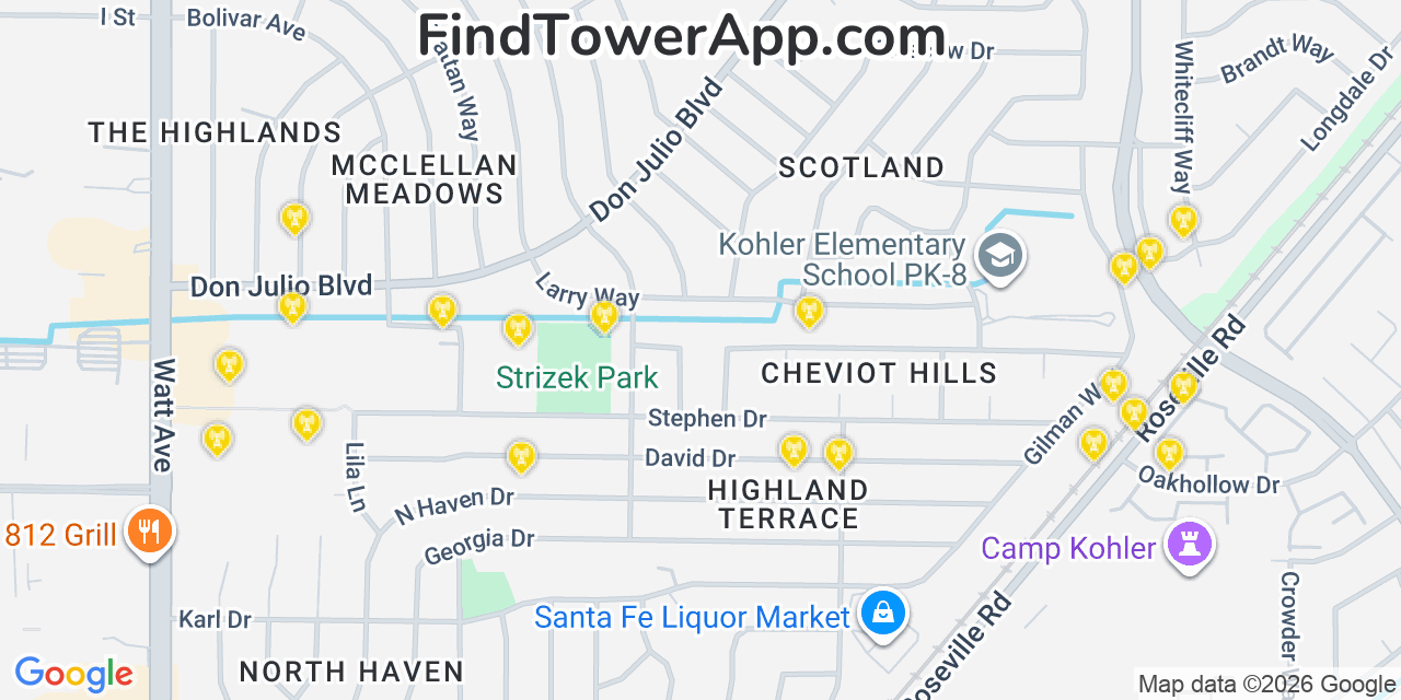 Map showing the 20 primary cell tower locations detected in North Highlands, California from AT&T, Verizon, and T-Mobile networks