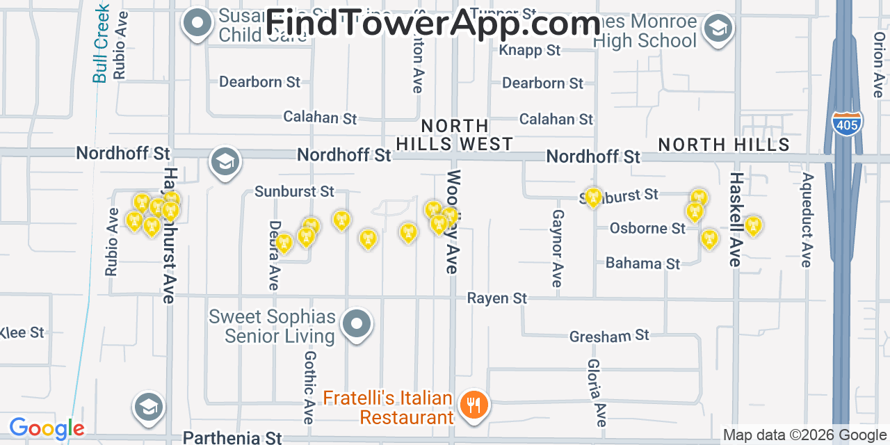 Map showing the 20 primary cell tower locations detected in North Hills, California from AT&T, Verizon, and T-Mobile networks