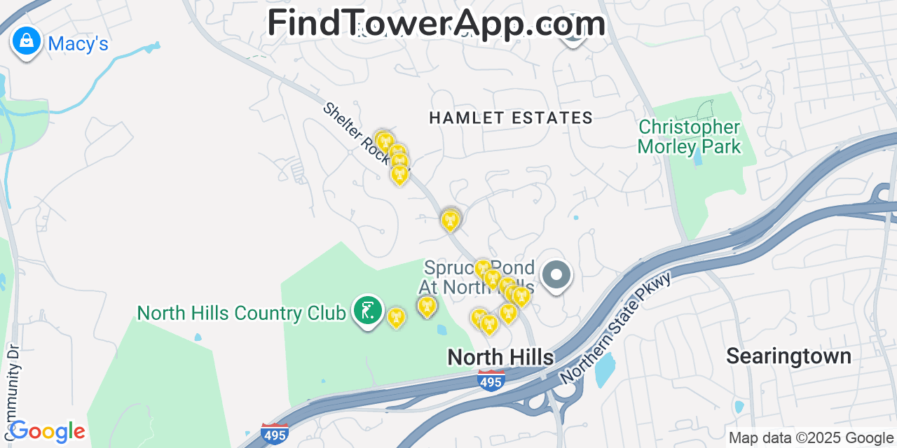Map showing the 20 primary cell tower locations detected in North Hills, New York from AT&T, Verizon, and T-Mobile networks