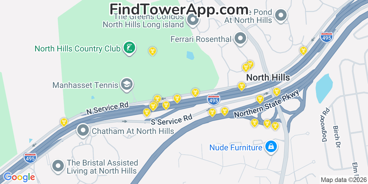 Map showing the 20 primary cell tower locations detected in North Hills, New York from AT&T, Verizon, and T-Mobile networks