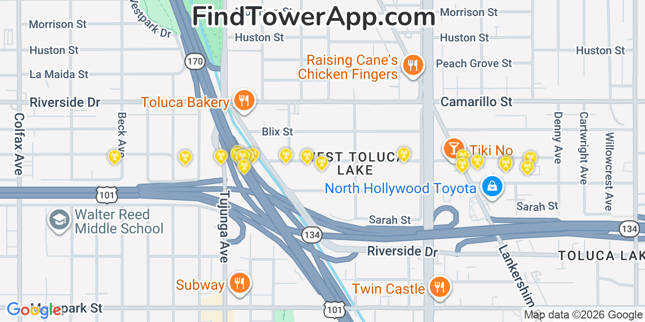 Map showing the 20 primary cell tower locations detected in North Hollywood, California from AT&T, Verizon, and T-Mobile networks