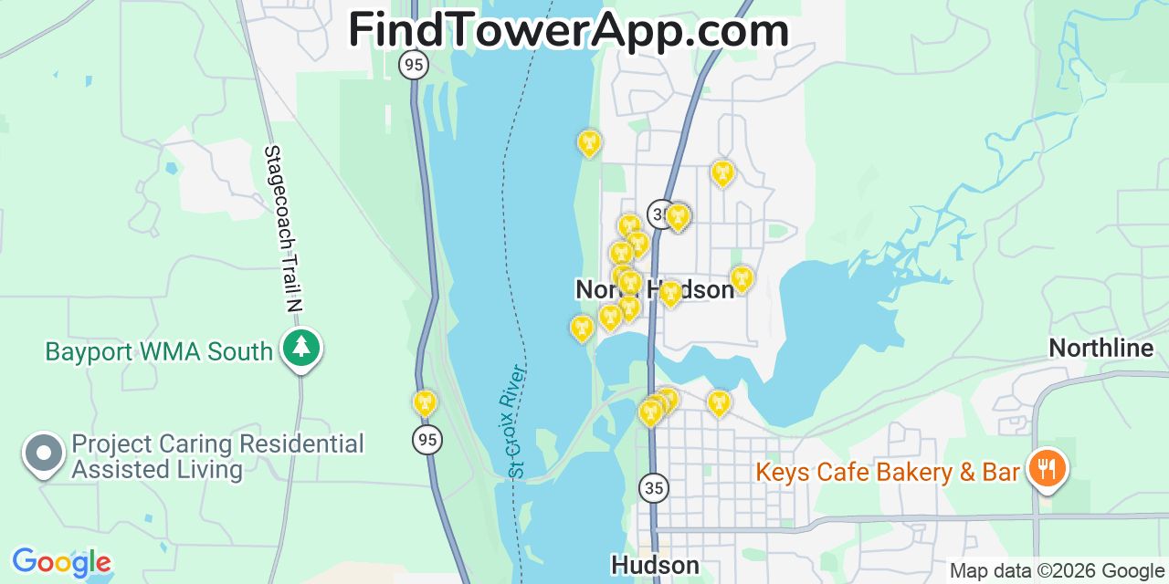 Map showing the 20 primary cell tower locations detected in North Hudson, Wisconsin from AT&T, Verizon, and T-Mobile networks