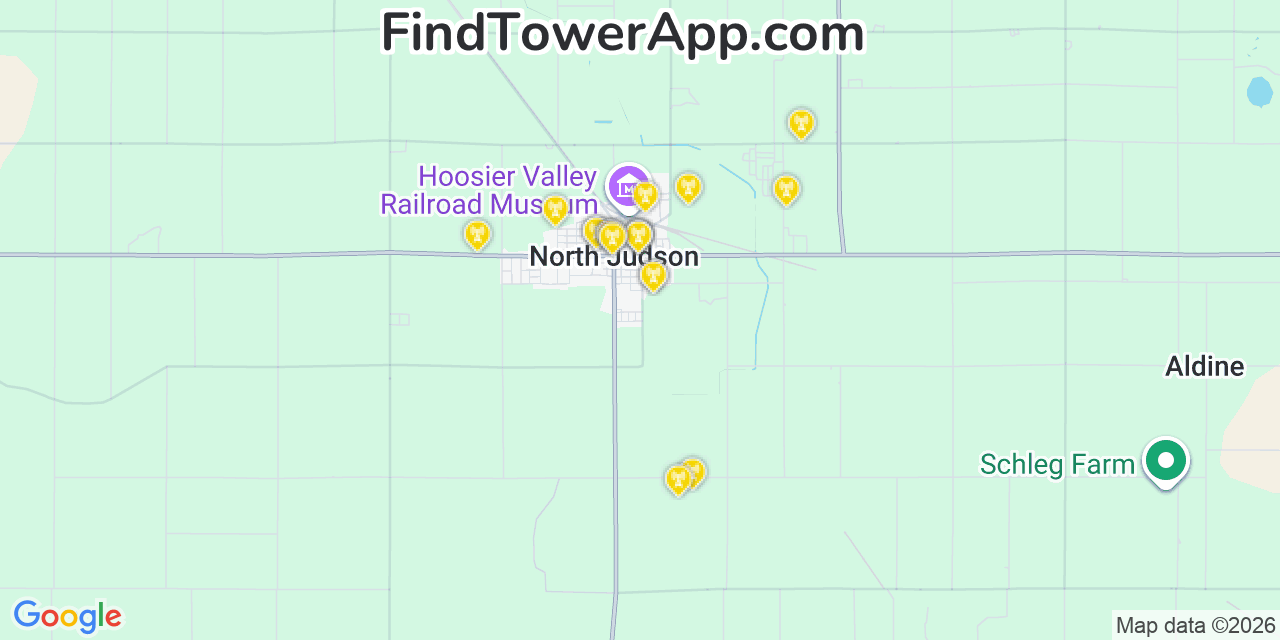 Map showing the 20 primary cell tower locations detected in North Judson, Indiana from AT&T, Verizon, and T-Mobile networks