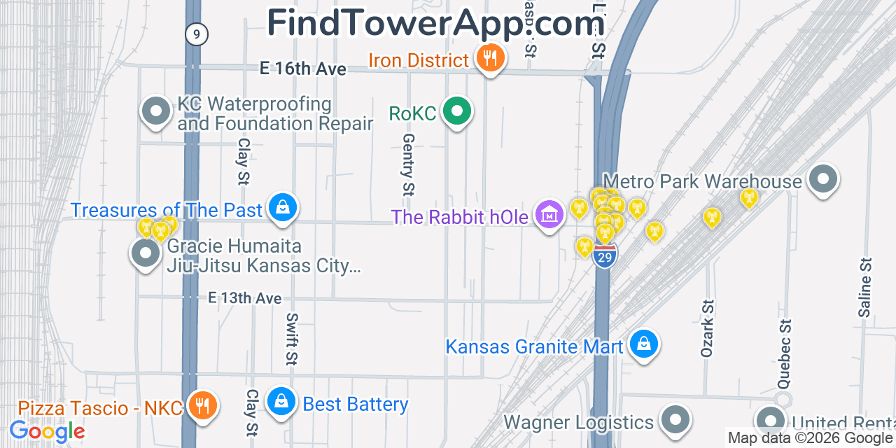 Map showing the 20 primary cell tower locations detected in North Kansas City, Missouri from AT&T, Verizon, and T-Mobile networks