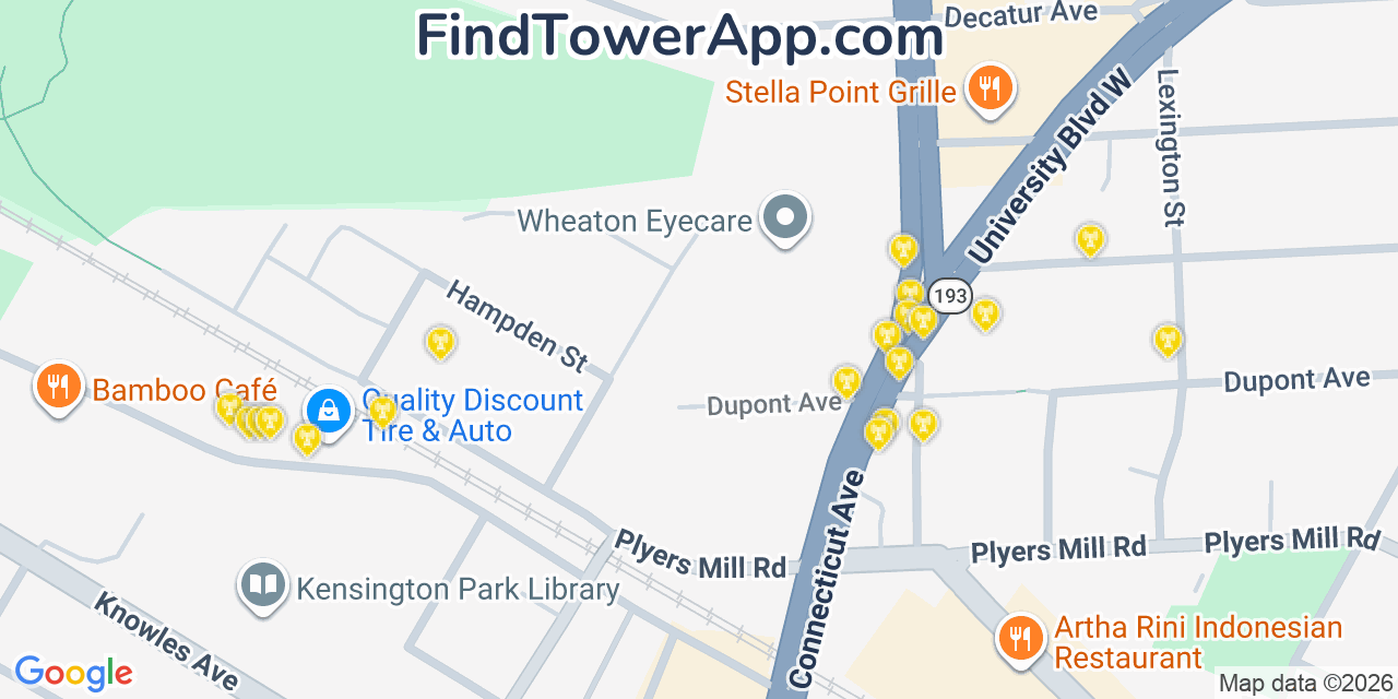 Map showing the 20 primary cell tower locations detected in North Kensington, Maryland from AT&T, Verizon, and T-Mobile networks