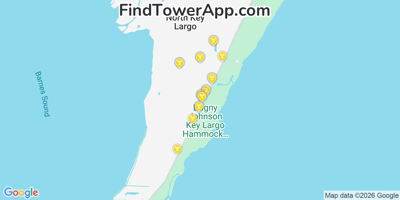 Map showing the 20 primary cell tower locations detected in North Key Largo, Florida from AT&T, Verizon, and T-Mobile networks