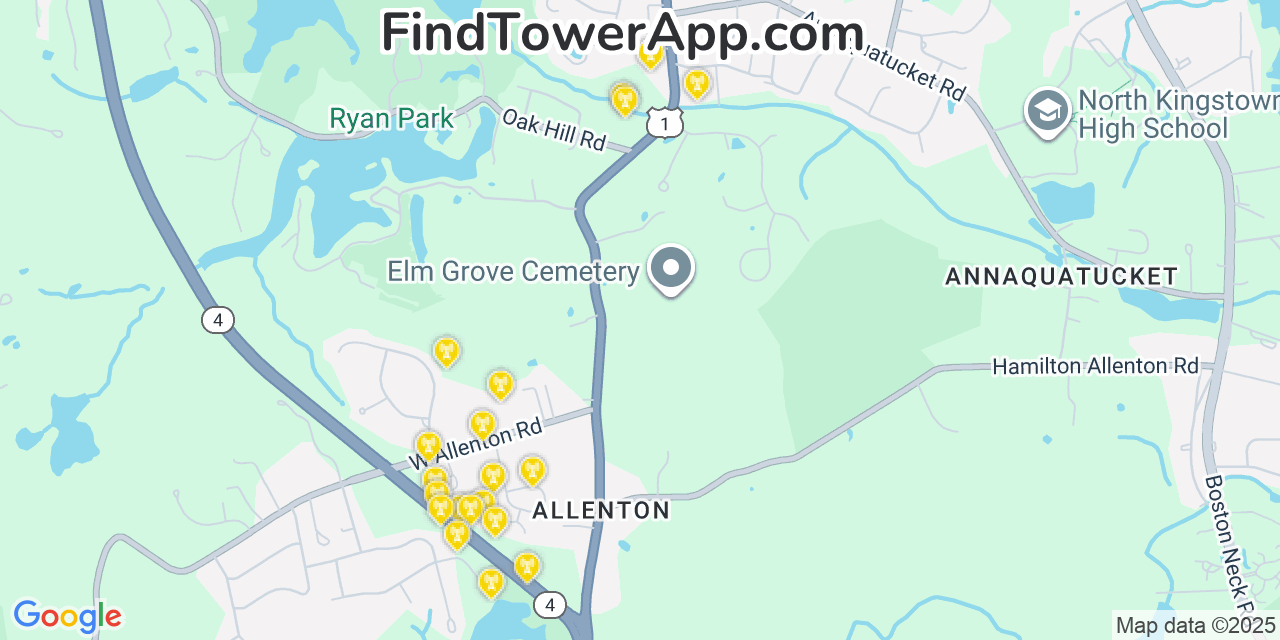 Map showing the 20 primary cell tower locations detected in North Kingstown, Rhode Island from AT&T, Verizon, and T-Mobile networks