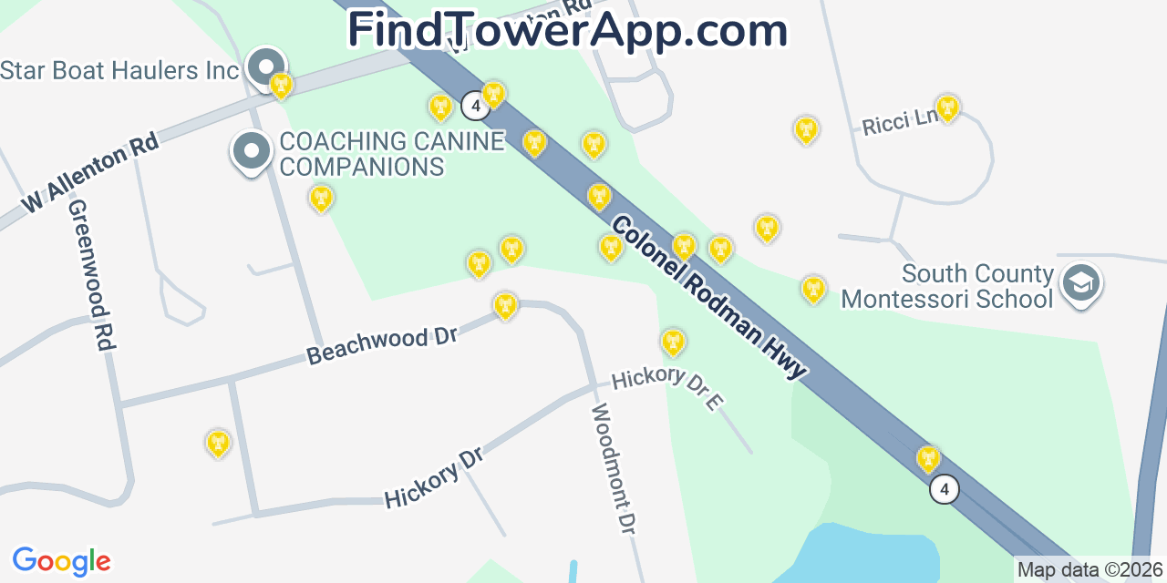 Map showing the 20 primary cell tower locations detected in North Kingstown, Rhode Island from AT&T, Verizon, and T-Mobile networks