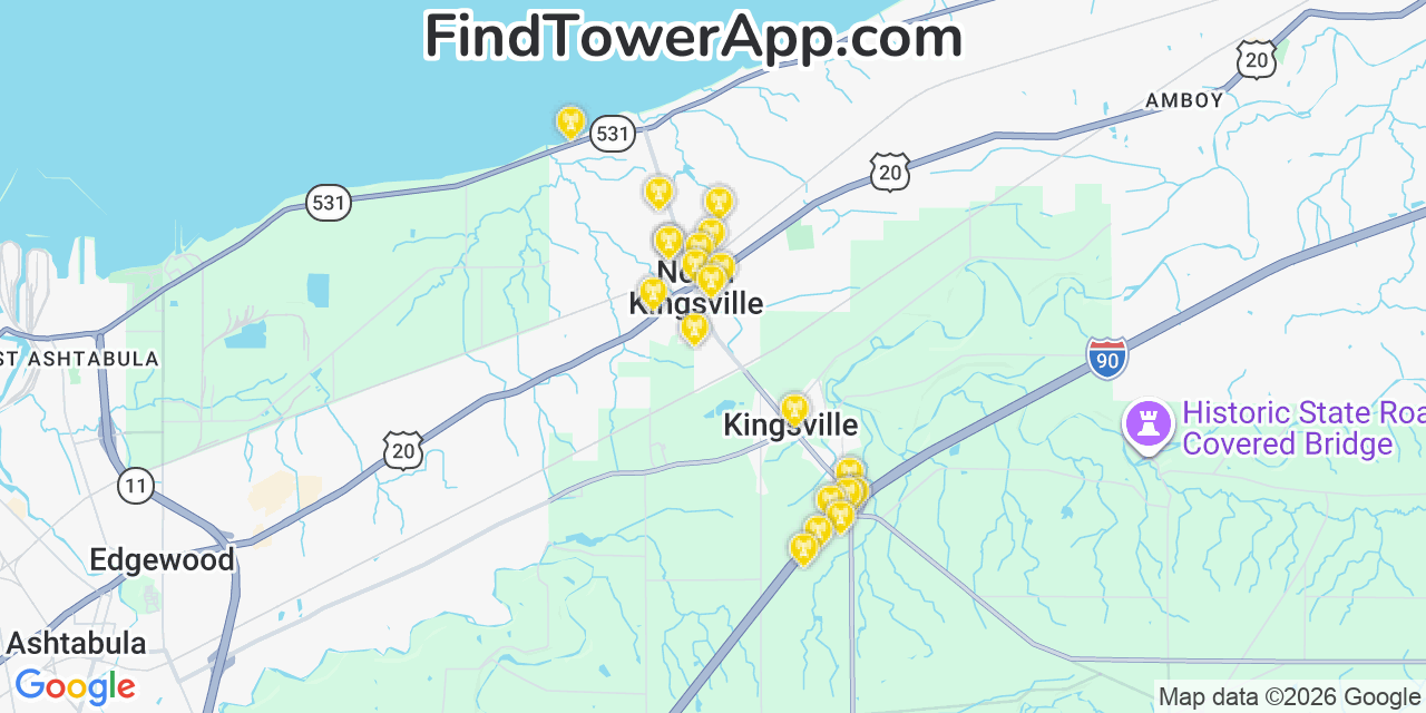 Map showing the 20 primary cell tower locations detected in North Kingsville, Ohio from AT&T, Verizon, and T-Mobile networks