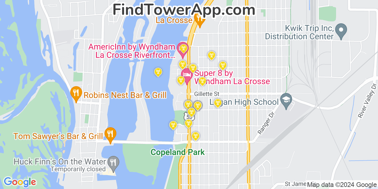 AT&T 4G/5G cell tower coverage map North La Crosse, Wisconsin