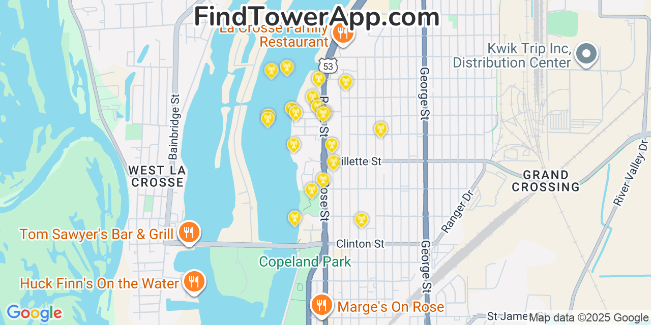 Map showing the 20 primary cell tower locations detected in North La Crosse, Wisconsin from AT&T, Verizon, and T-Mobile networks