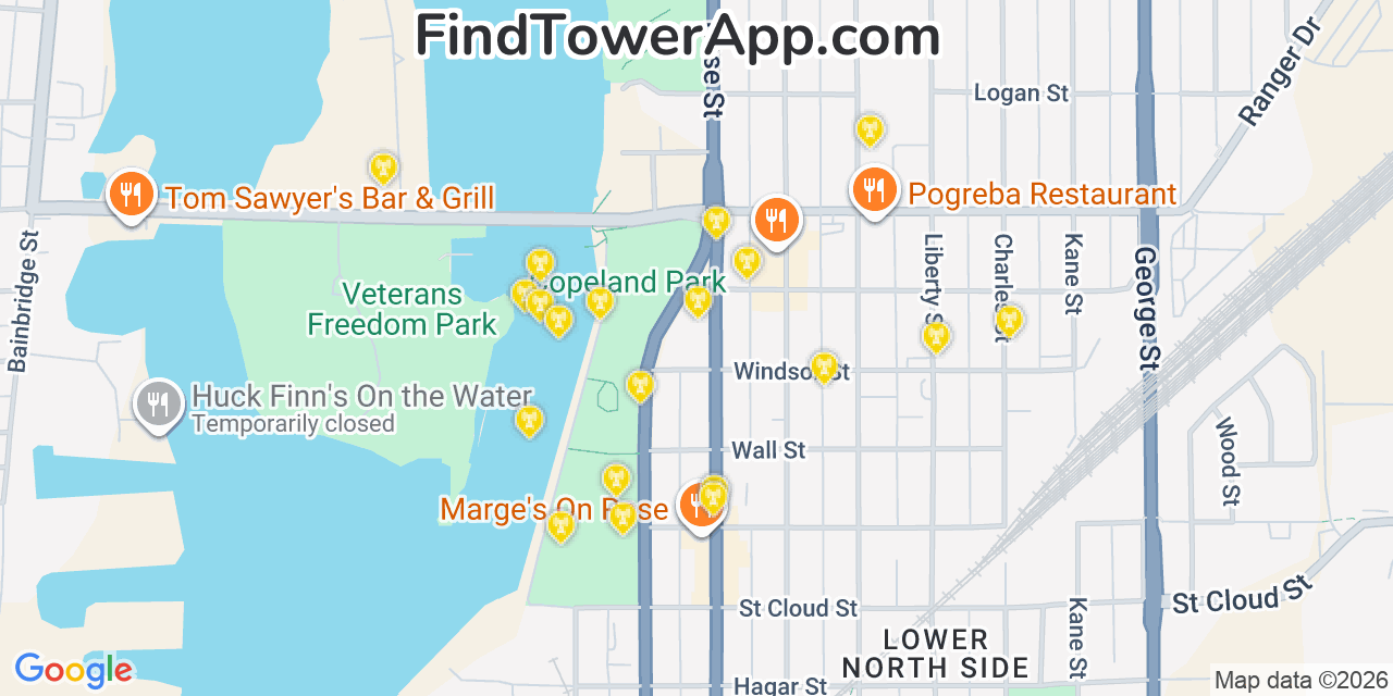 Map showing the 20 primary cell tower locations detected in North La Crosse, Wisconsin from AT&T, Verizon, and T-Mobile networks