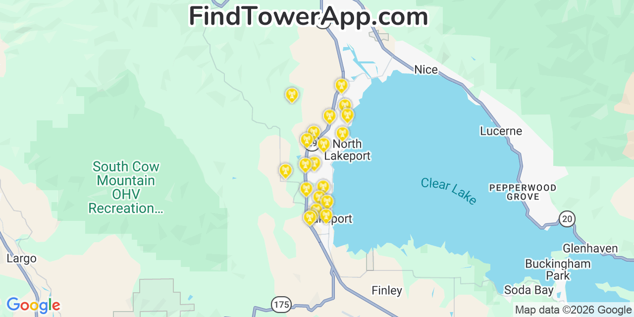 Map showing the 20 primary cell tower locations detected in North Lakeport, California from AT&T, Verizon, and T-Mobile networks